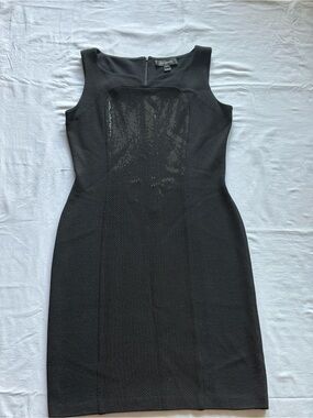 St. John Black Sleeveless Sheath Dress with Lace-Effect Front